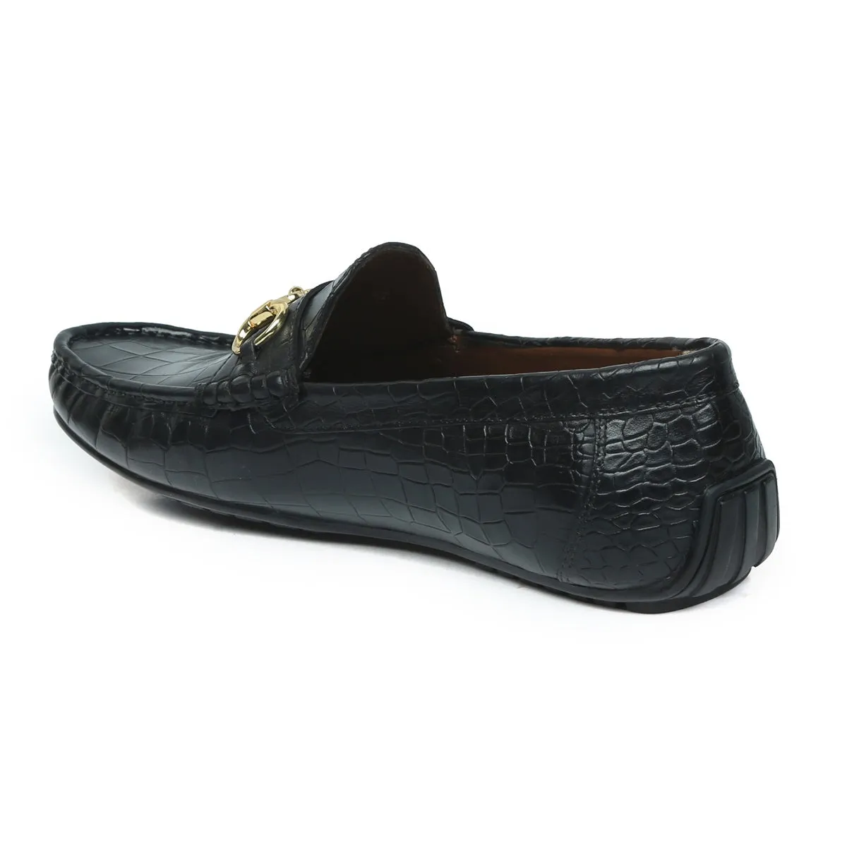 Deep Cut Leather Black Loafers With Horse-bit Buckle