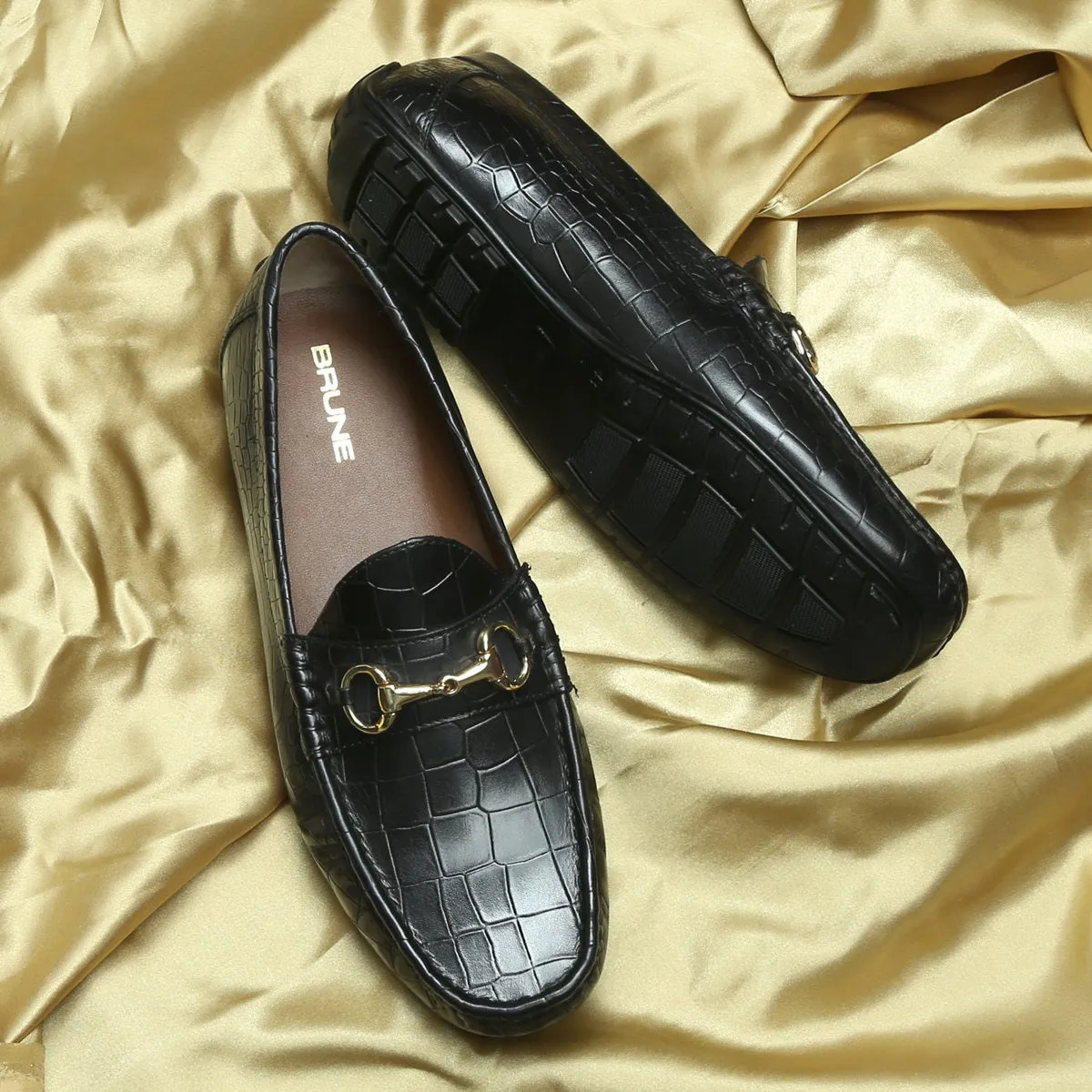 Deep Cut Leather Black Loafers With Horse-bit Buckle