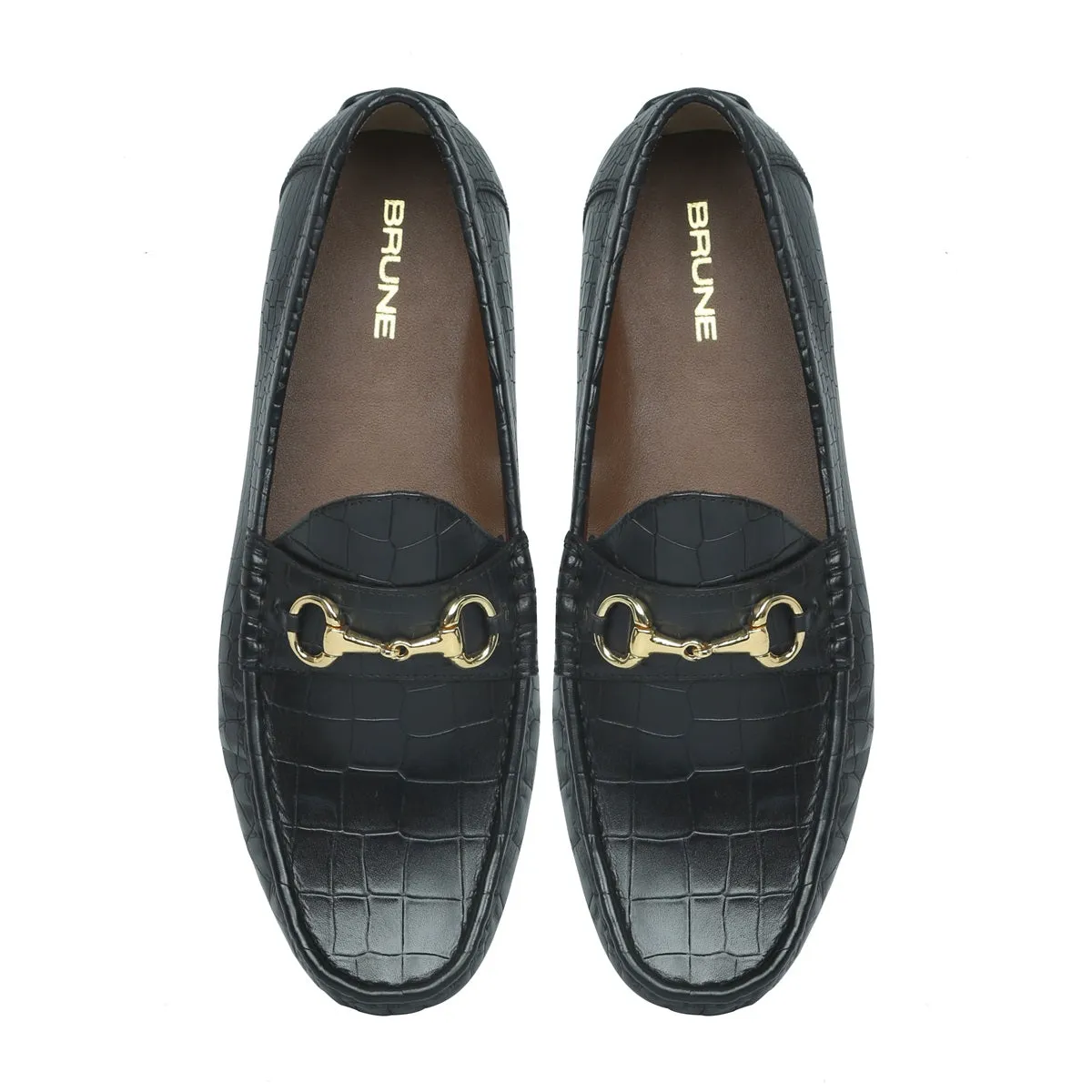 Deep Cut Leather Black Loafers With Horse-bit Buckle