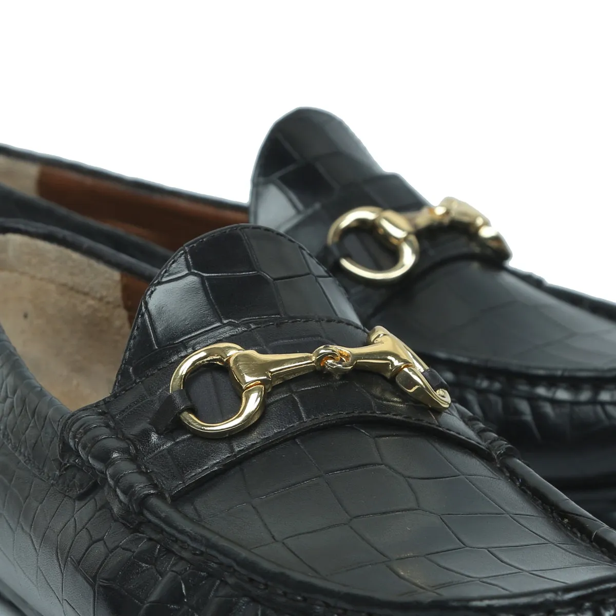 Deep Cut Leather Black Loafers With Horse-bit Buckle