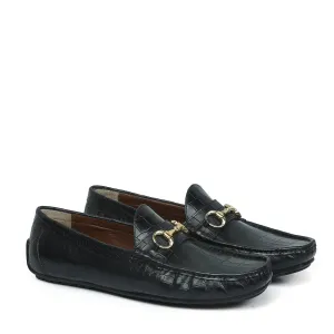 Deep Cut Leather Black Loafers With Horse-bit Buckle