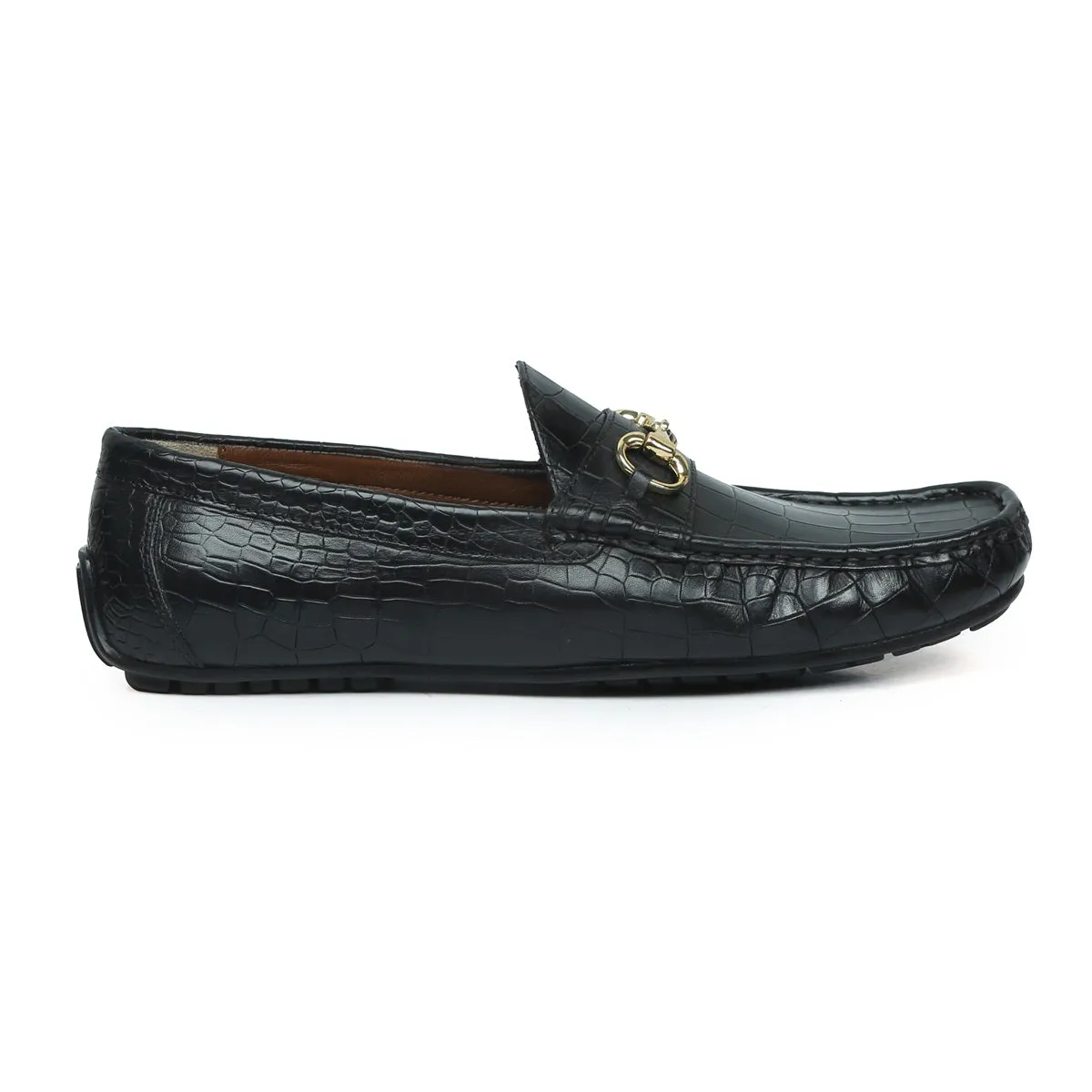 Deep Cut Leather Black Loafers With Horse-bit Buckle