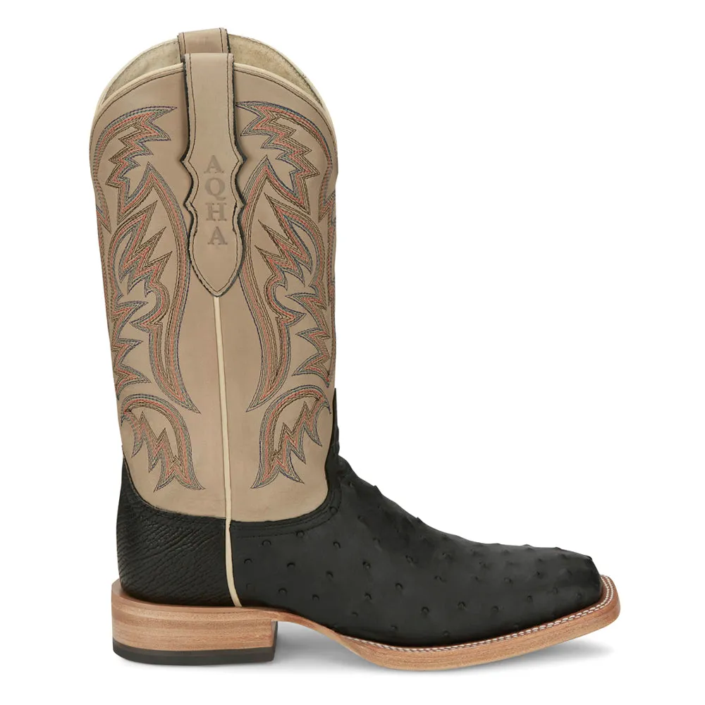 Doc Bar Wide Embroidered Ostrich Square Toe Pull On Cowboy Boots