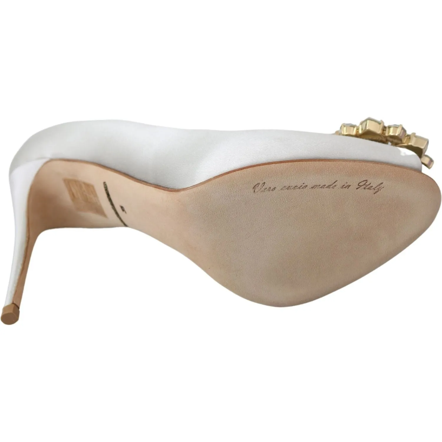 Dolce & Gabbana White Crystal Peep Toe Silk Blend Heels