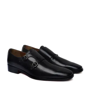 Double Monk Formal Slip-On Shoes in Genuine Black Leather