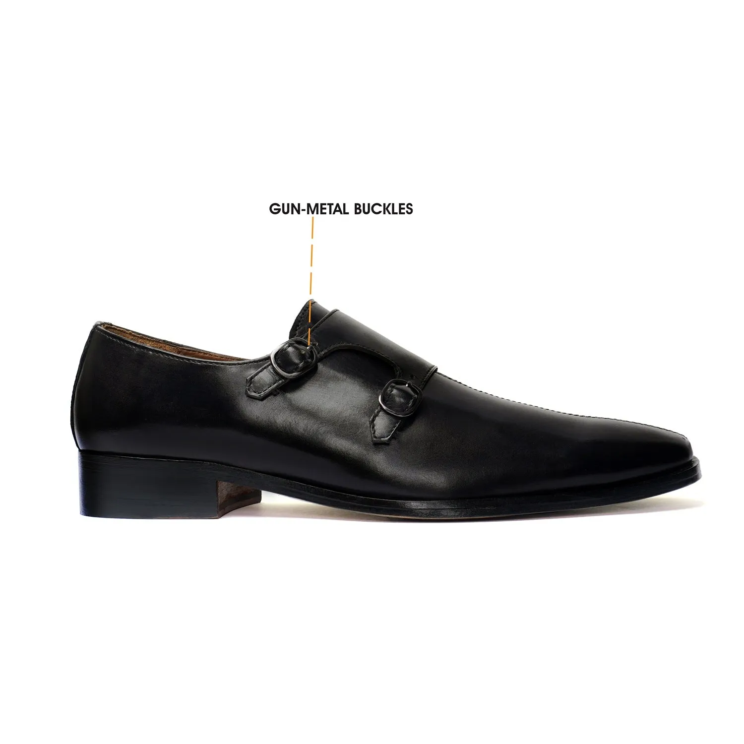 Double Monk Formal Slip-On Shoes in Genuine Black Leather