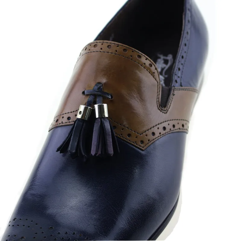 Dual Tone Patchwork Brogue Loafers Shoes With Tassels