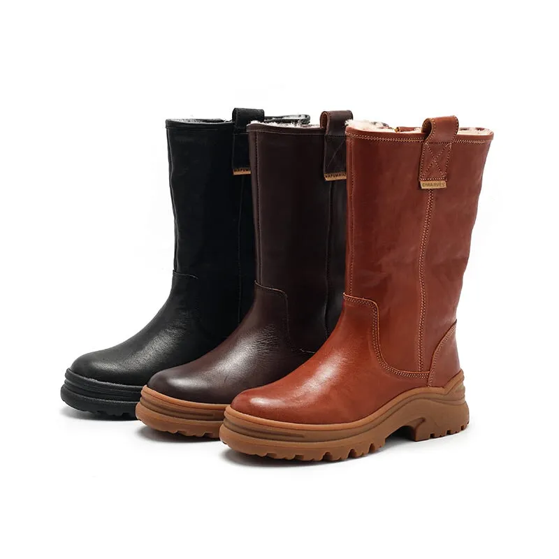 Dwarves Leather Mid Calf Boots Snow Boots Have Shearling Lined for Cold Winter in Black/Brown/Coffee