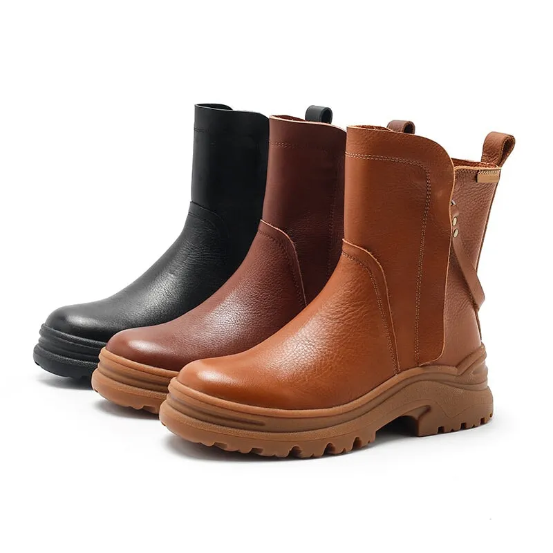 Dwarves Leather Short Boots Snow Boots Have Fleece Lined for Cold Winter in Black/Brown/Coffee