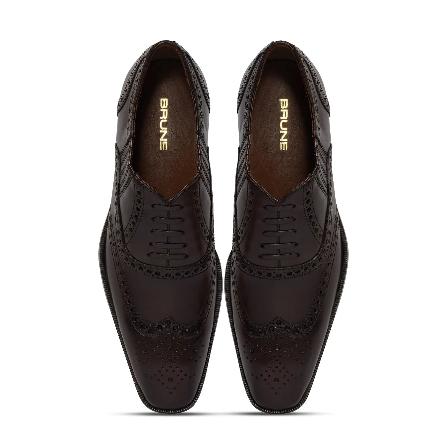 Fixed Lace-Up Lazy Man Formal Shoes in Dark Brown Leather with Stylish Wingtip Punching Brogue Design