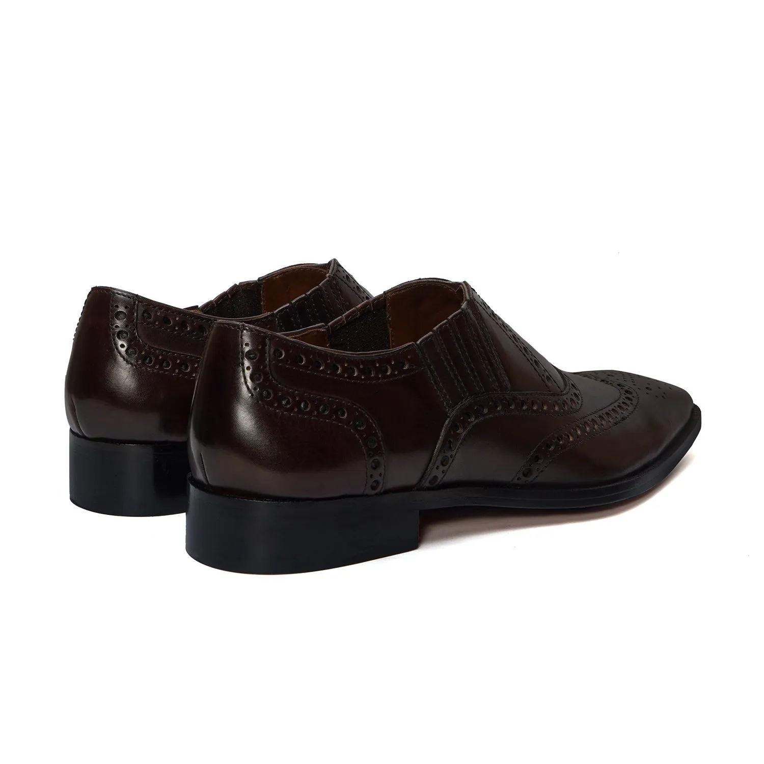 Fixed Lace-Up Lazy Man Formal Shoes in Dark Brown Leather with Stylish Wingtip Punching Brogue Design