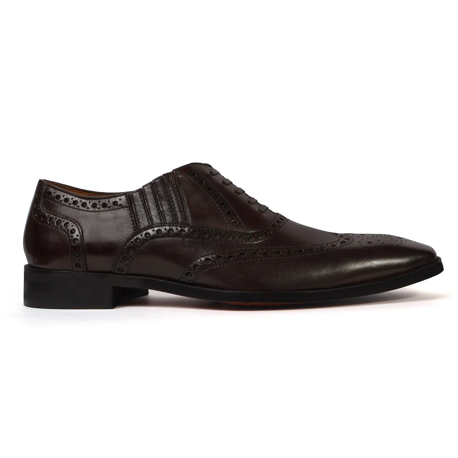 Fixed Lace-Up Lazy Man Formal Shoes in Dark Brown Leather with Stylish Wingtip Punching Brogue Design