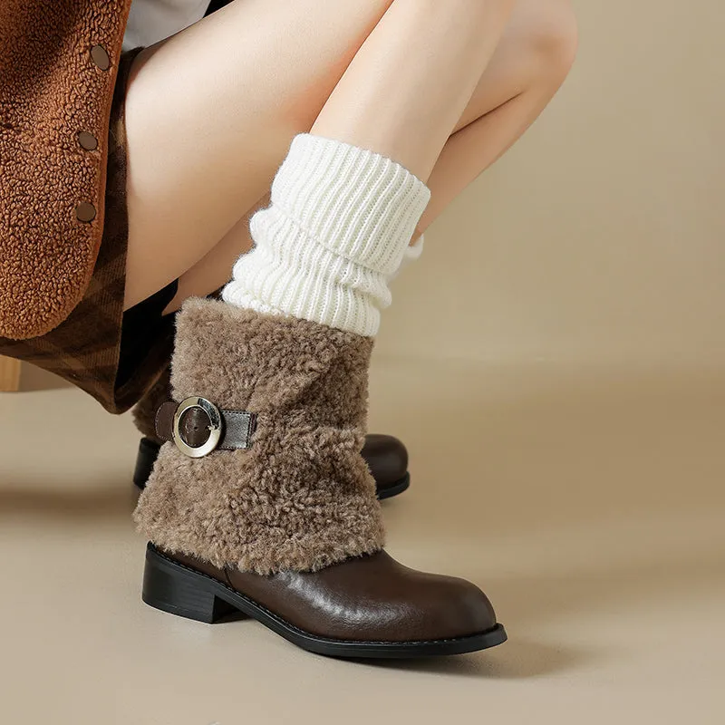 Foldable Leather Mid Calf Snow Boots with Buckle in Coffee/Black