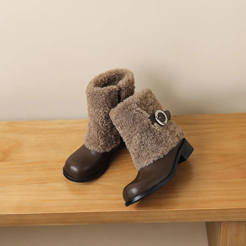 Foldable Leather Mid Calf Snow Boots with Buckle in Coffee/Black