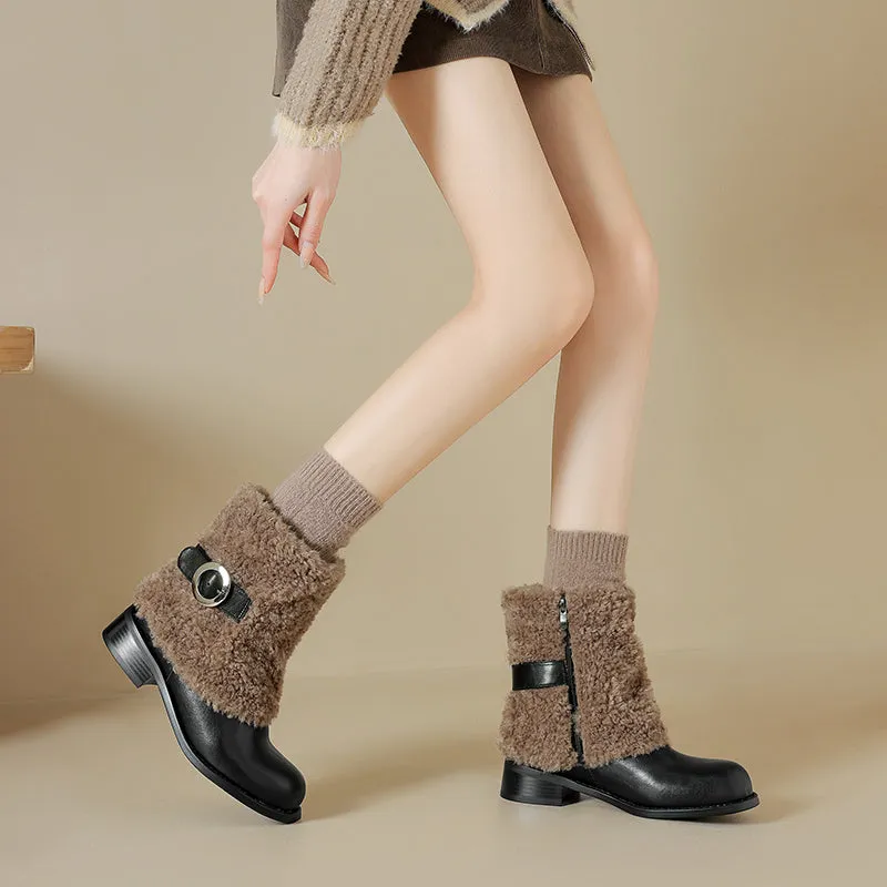 Foldable Leather Mid Calf Snow Boots with Buckle in Coffee/Black