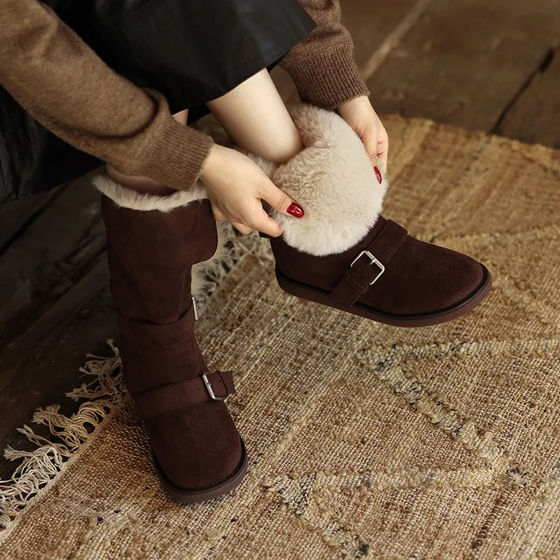 Foldable Suede Leather Mid Calf Snow Boots with Double Buckles in Coffee/Brown/Khaki