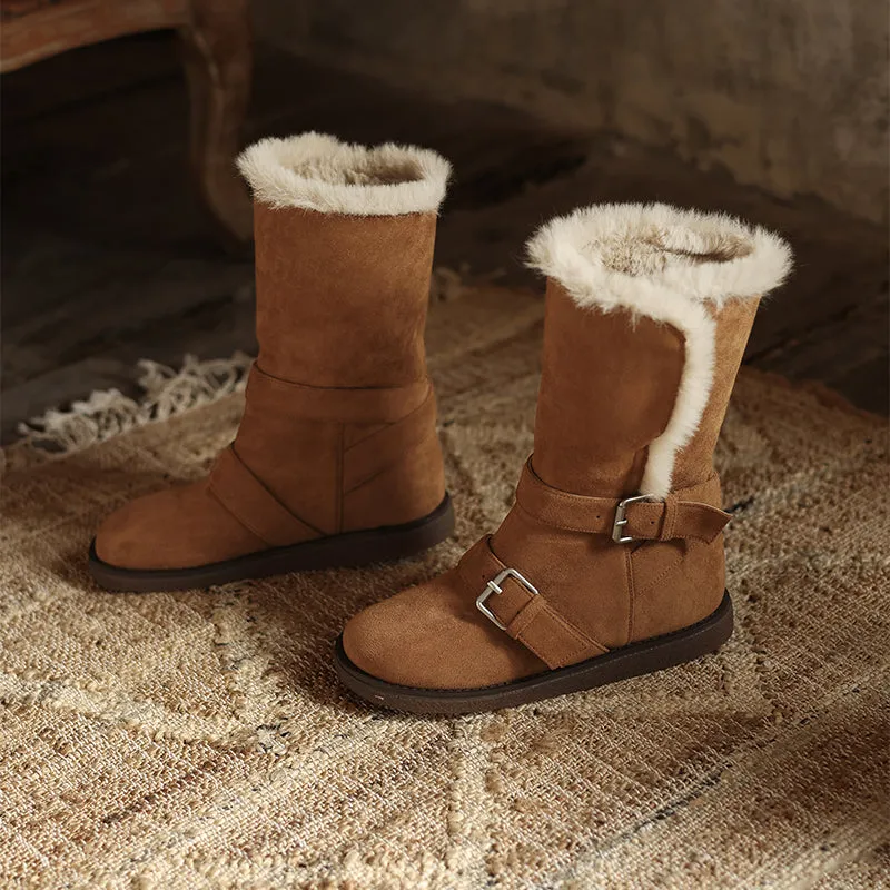 Foldable Suede Leather Mid Calf Snow Boots with Double Buckles in Coffee/Brown/Khaki