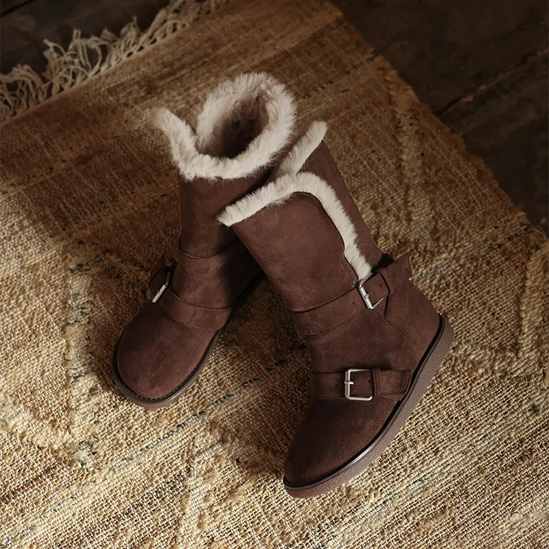 Foldable Suede Leather Mid Calf Snow Boots with Double Buckles in Coffee/Brown/Khaki