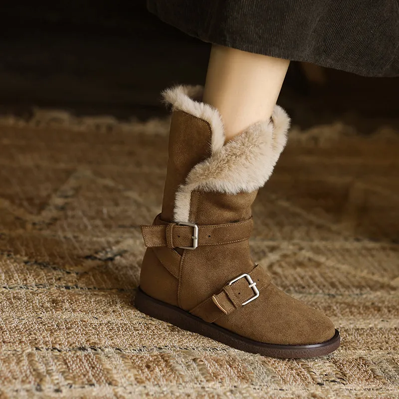 Foldable Suede Leather Mid Calf Snow Boots with Double Buckles in Coffee/Brown/Khaki