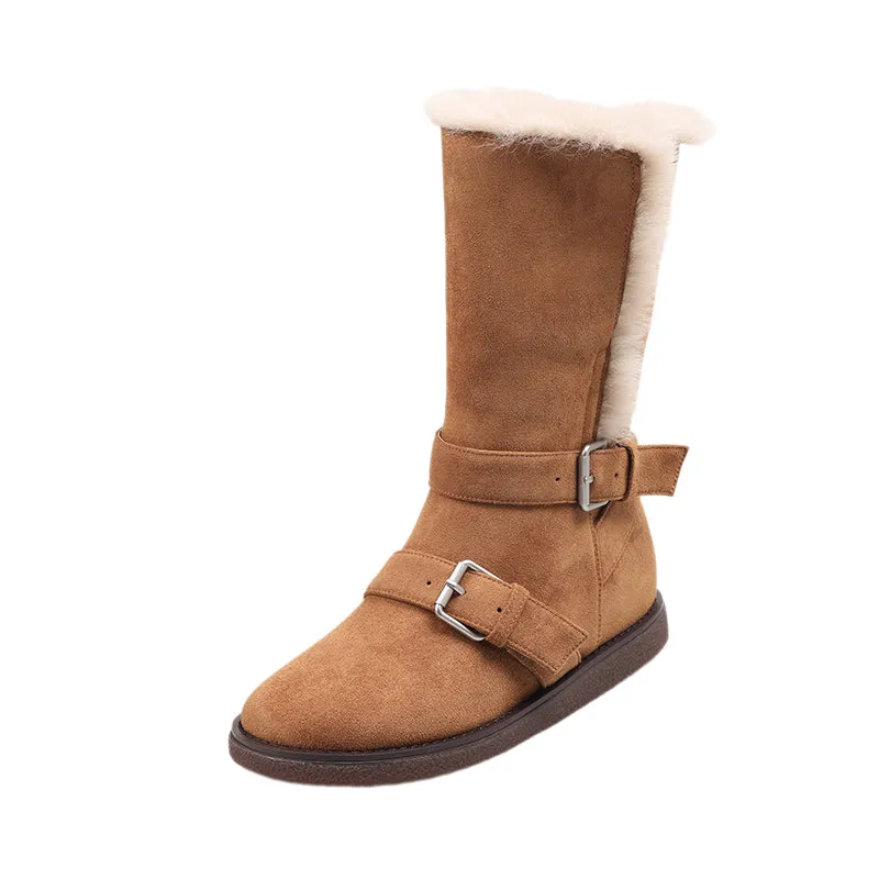 Foldable Suede Leather Mid Calf Snow Boots with Double Buckles in Coffee/Brown/Khaki