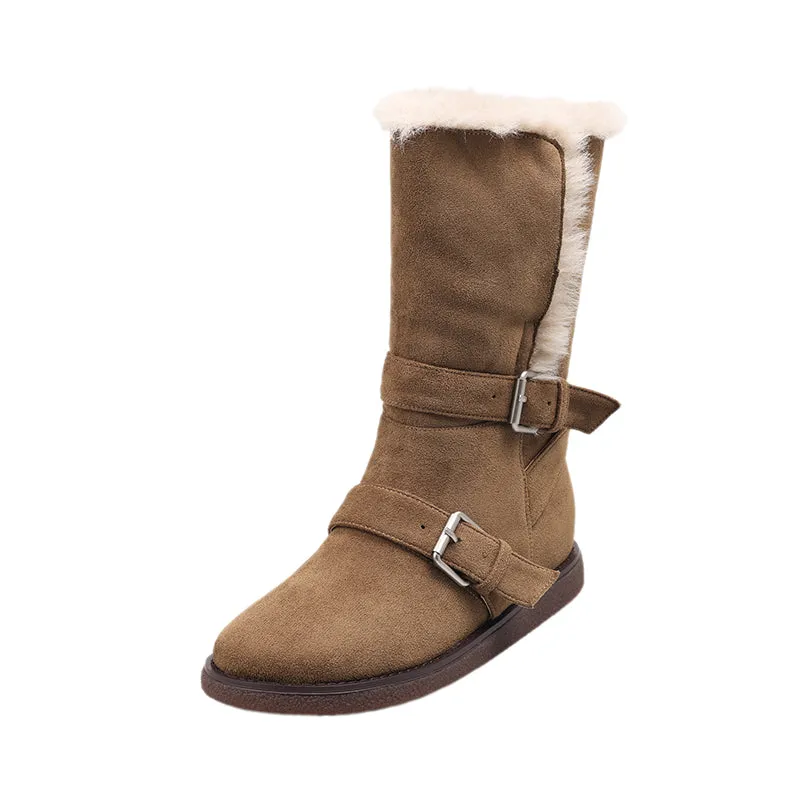 Foldable Suede Leather Mid Calf Snow Boots with Double Buckles in Coffee/Brown/Khaki