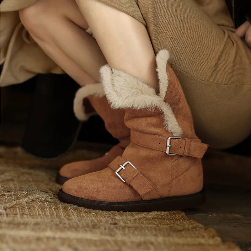 Foldable Suede Leather Mid Calf Snow Boots with Double Buckles in Coffee/Brown/Khaki