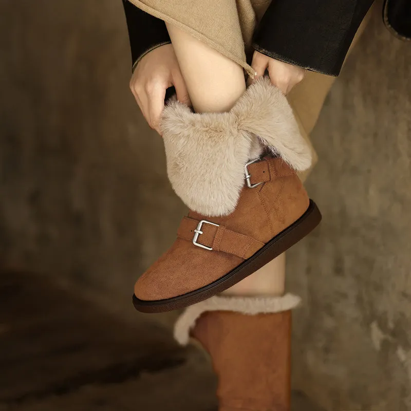 Foldable Suede Leather Mid Calf Snow Boots with Double Buckles in Coffee/Brown/Khaki