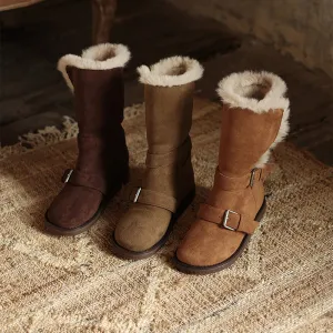 Foldable Suede Leather Mid Calf Snow Boots with Double Buckles in Coffee/Brown/Khaki