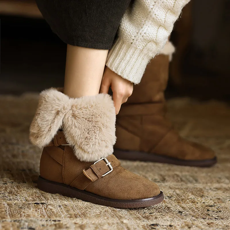 Foldable Suede Leather Mid Calf Snow Boots with Double Buckles in Coffee/Brown/Khaki