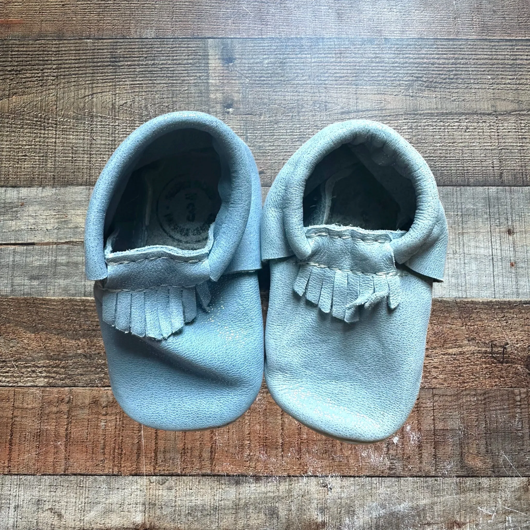 Freshly Picked Sparkly Light Blue Leather Moccasins- Size 3 (see notes)