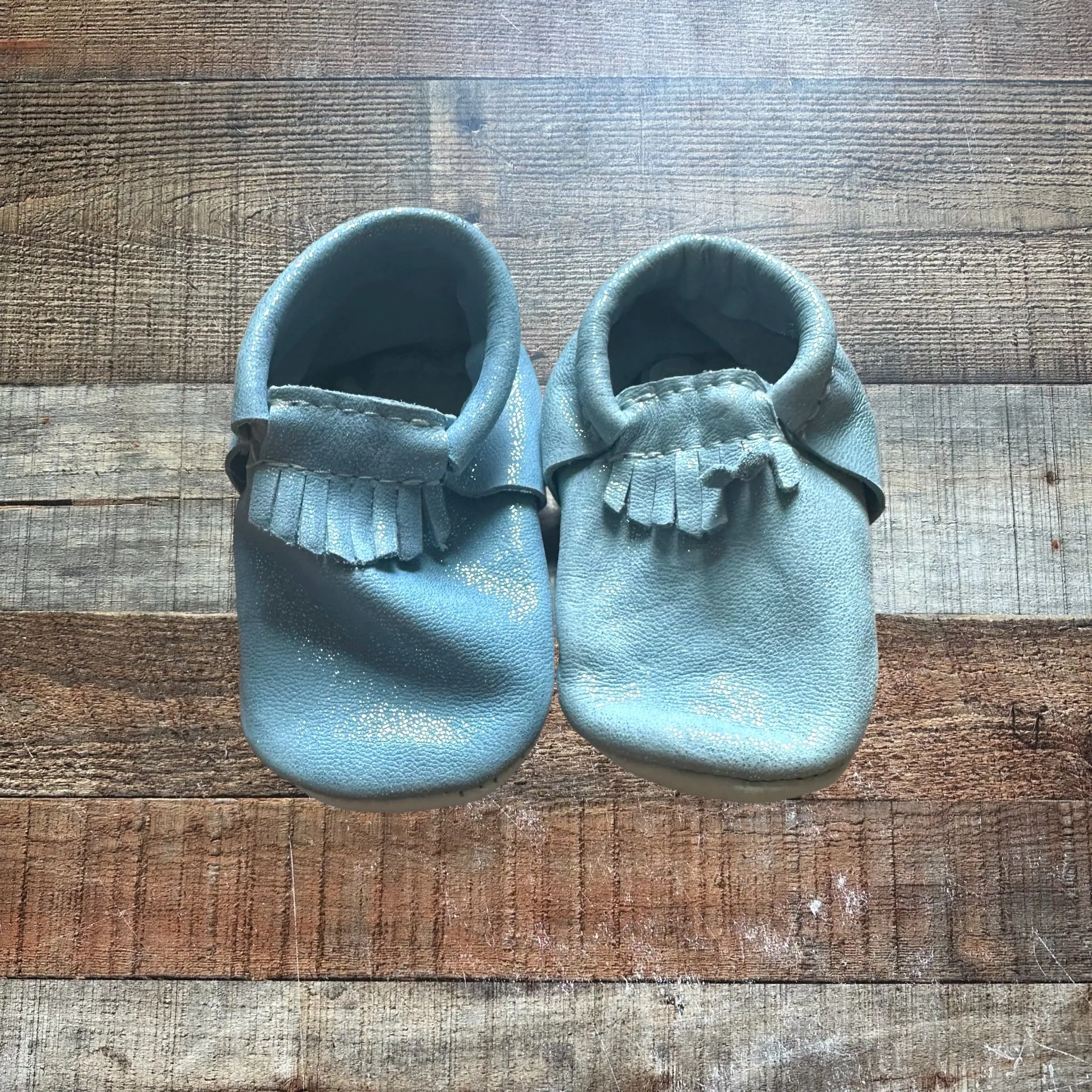 Freshly Picked Sparkly Light Blue Leather Moccasins- Size 3 (see notes)