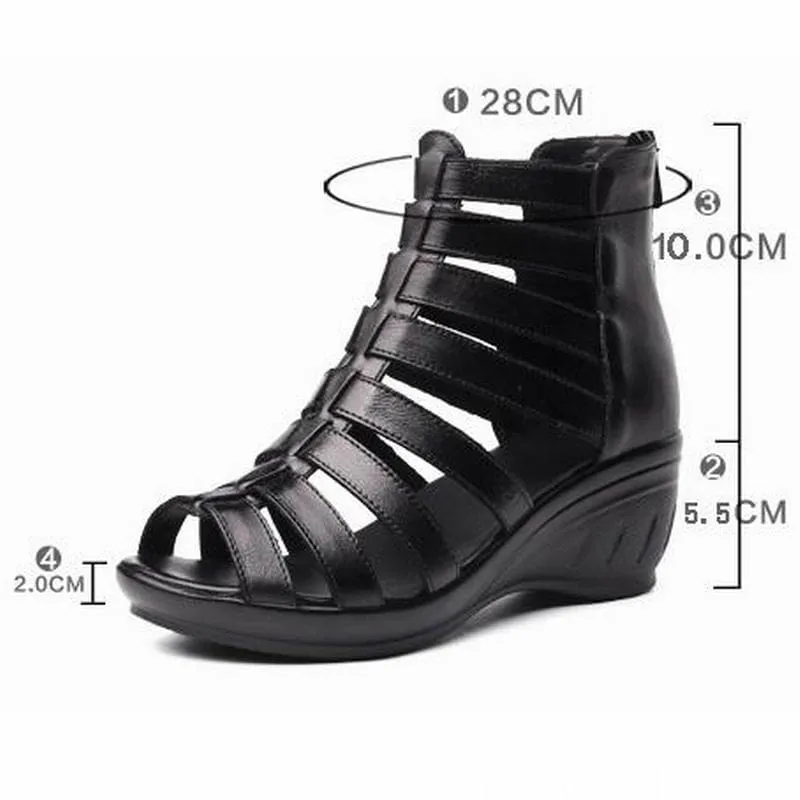 Genuine Leather Classic Black Peep Toe Gladiator Women High Heels