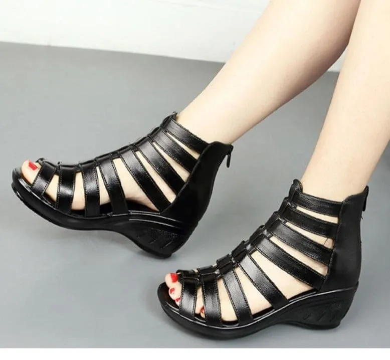 Genuine Leather Classic Black Peep Toe Gladiator Women High Heels