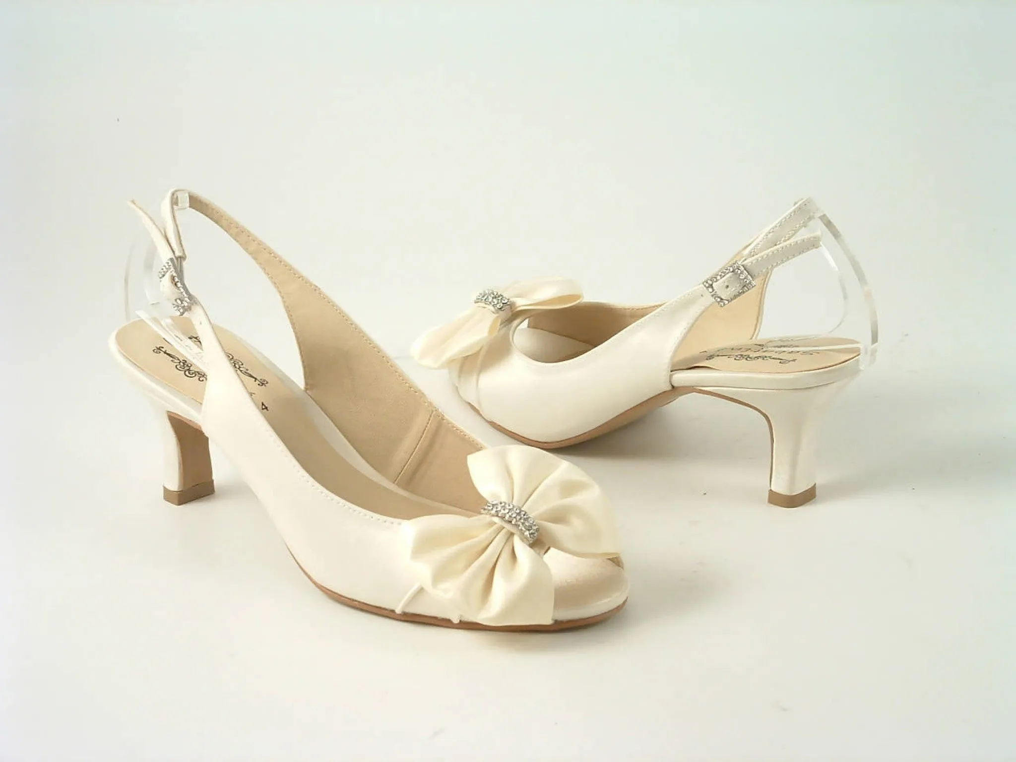 Glitz Shoes Diamante Ivory Satin Low Heel Peep Toe Shoe