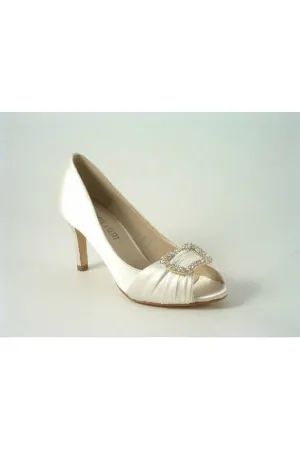 Glitz Shoes Diamante Ivory Satin Mid Heel Peep Toe Shoe