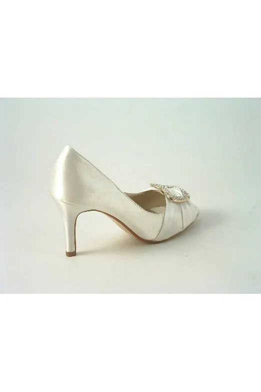 Glitz Shoes Diamante Ivory Satin Mid Heel Peep Toe Shoe