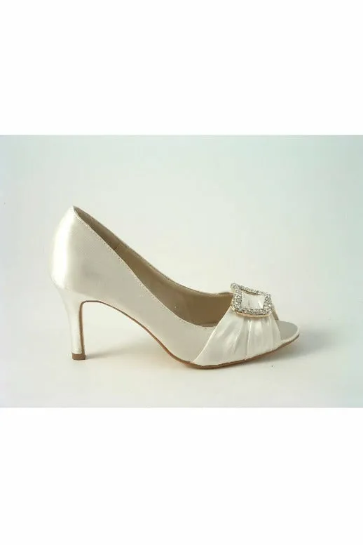 Glitz Shoes Diamante Ivory Satin Mid Heel Peep Toe Shoe