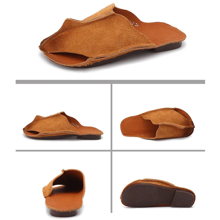 Handmade Hollow Out Retro Leather Mules Women Slippers Mori Girl Flat Casual Summer Slippers Coffee/Wine Red/Khaki