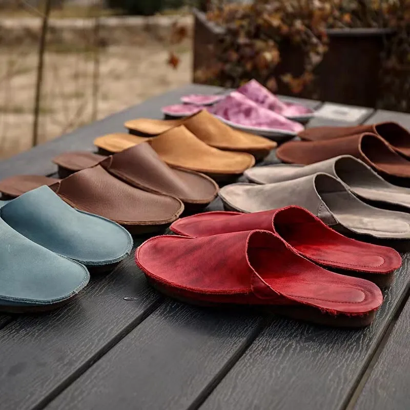 Handmade Retro Leather Mules Women Slippers Mori Girl Flat Casual Summer Slippers 5 Colors