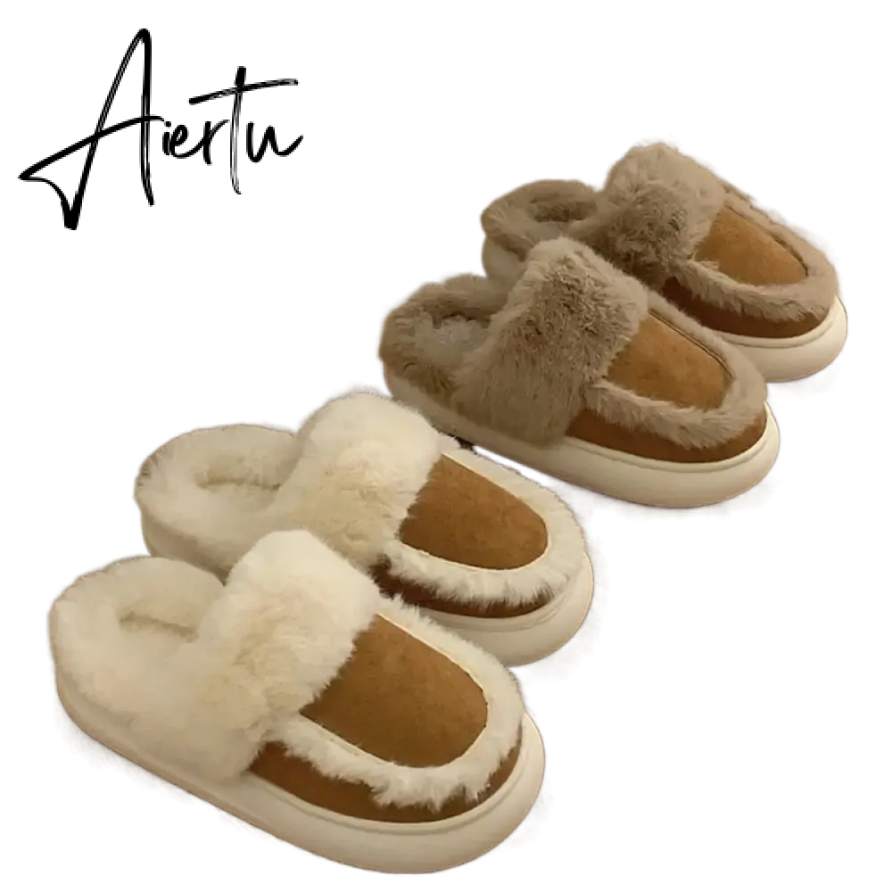 Hausschuhe Winter Shoes for Women Faux Fur Sherpa Slippers Indoor Home House Shoes Keep Warm Non-slip Short Plush Couple Shoes