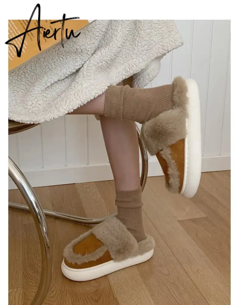 Hausschuhe Winter Shoes for Women Faux Fur Sherpa Slippers Indoor Home House Shoes Keep Warm Non-slip Short Plush Couple Shoes