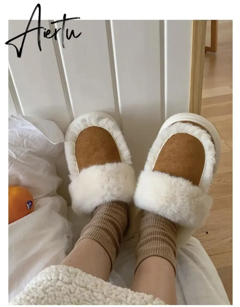 Hausschuhe Winter Shoes for Women Faux Fur Sherpa Slippers Indoor Home House Shoes Keep Warm Non-slip Short Plush Couple Shoes