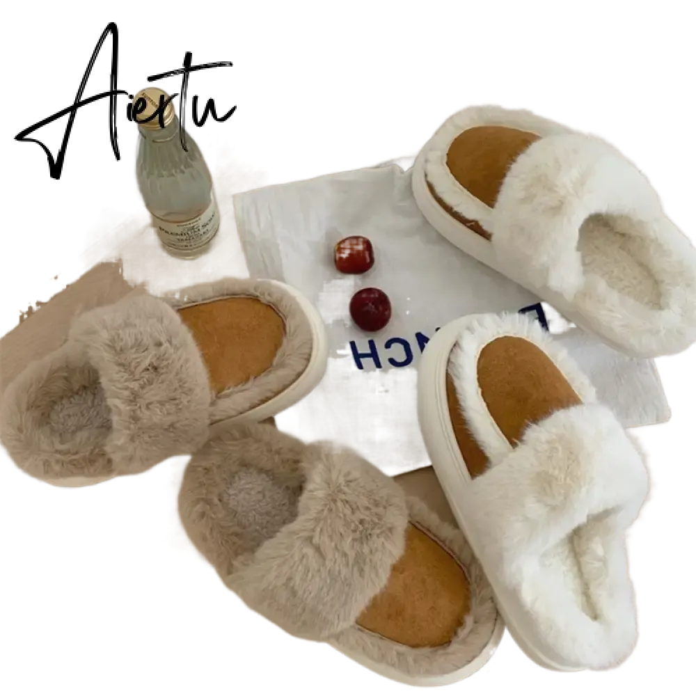 Hausschuhe Winter Shoes for Women Faux Fur Sherpa Slippers Indoor Home House Shoes Keep Warm Non-slip Short Plush Couple Shoes