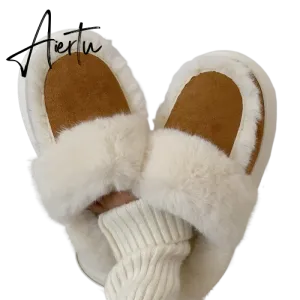 Hausschuhe Winter Shoes for Women Faux Fur Sherpa Slippers Indoor Home House Shoes Keep Warm Non-slip Short Plush Couple Shoes