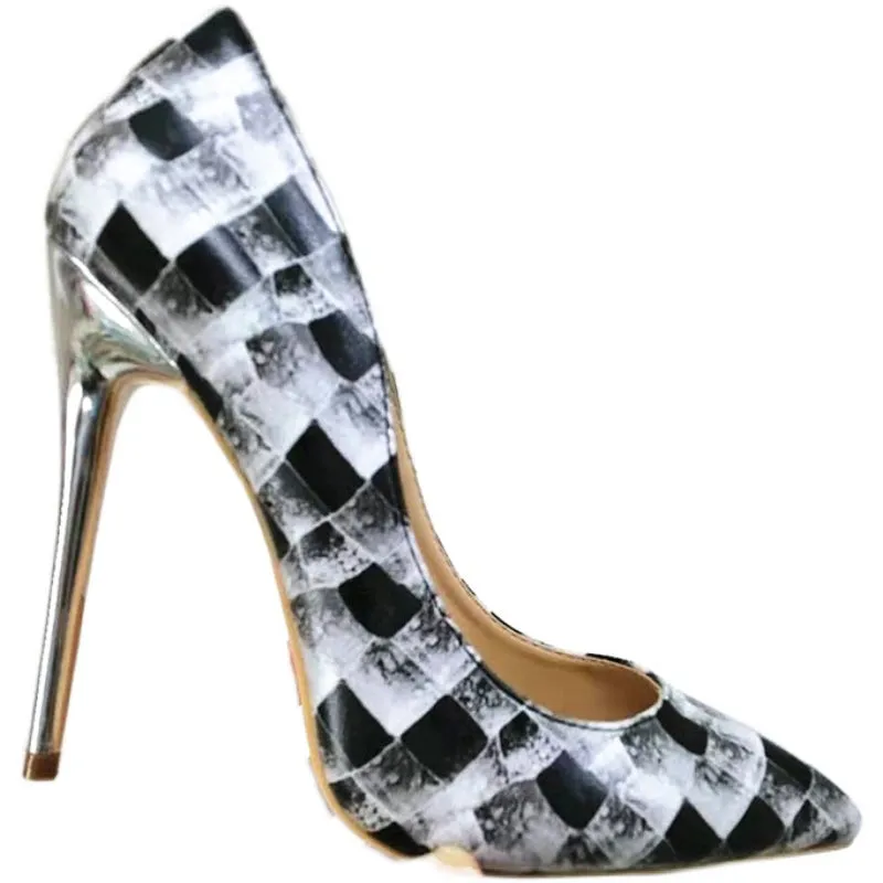 High Heels with black-and-white plaid pattern Fashion Women Party Shoes