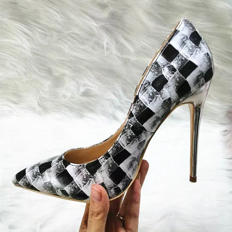 High Heels with black-and-white plaid pattern Fashion Women Party Shoes