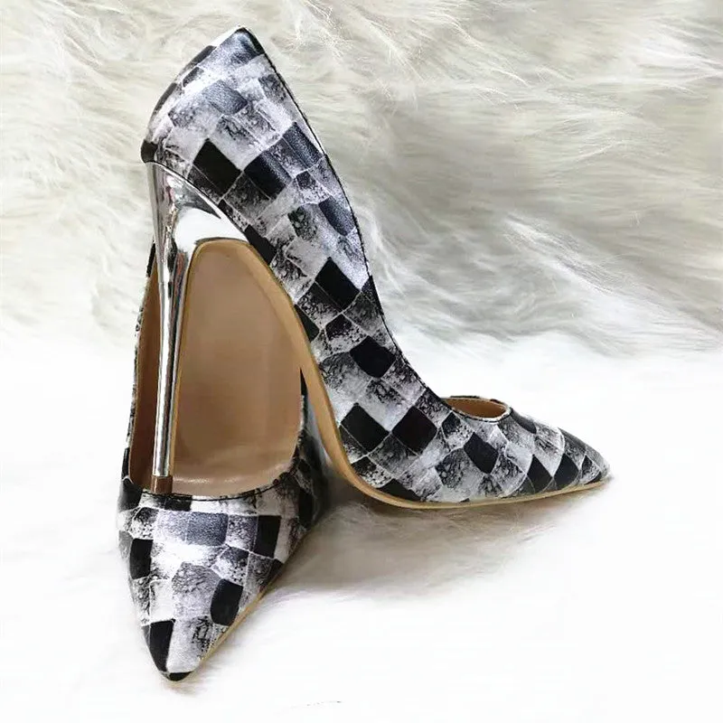 High Heels with black-and-white plaid pattern Fashion Women Party Shoes