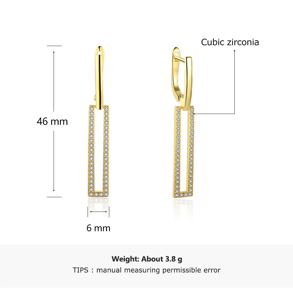 High-Quality Silver Rectangle Shaped Gold Plated Long Dangling Drop Earrings with Cubic Zirconia, Fashion Jewelry for Women