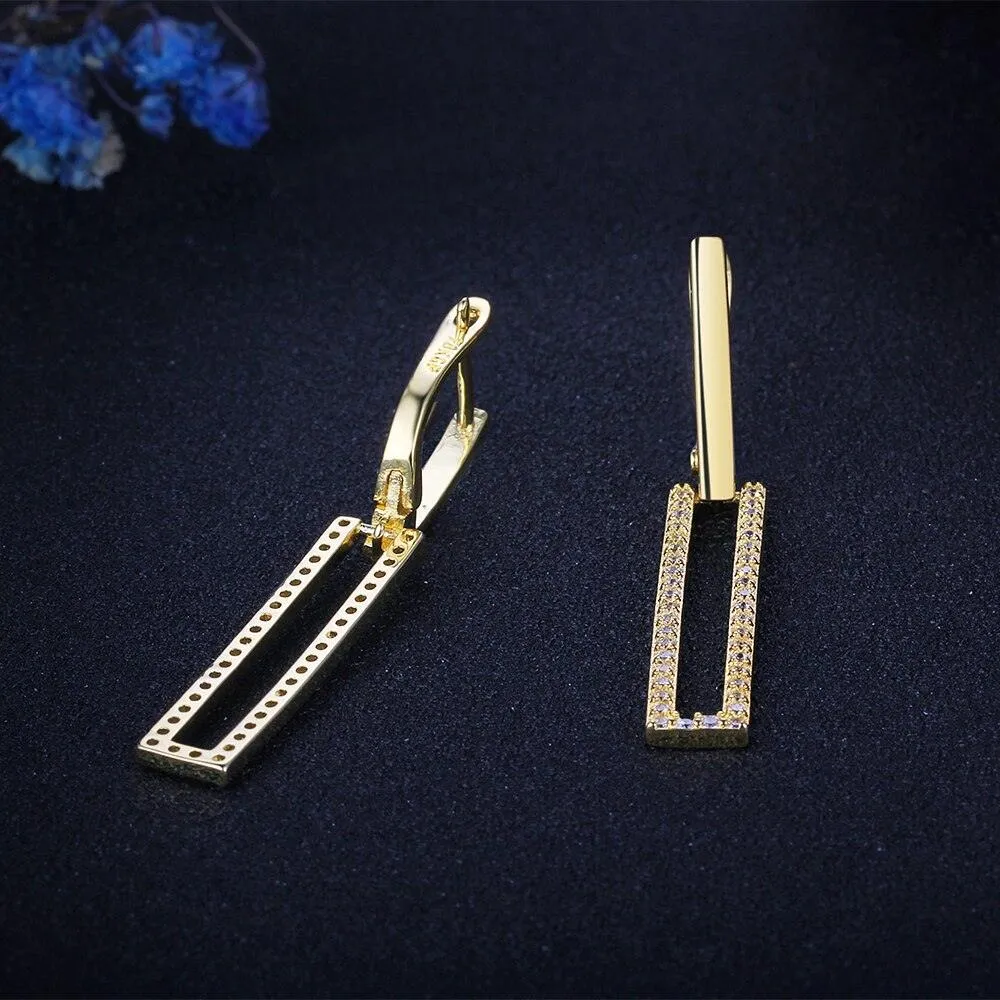 High-Quality Silver Rectangle Shaped Gold Plated Long Dangling Drop Earrings with Cubic Zirconia, Fashion Jewelry for Women