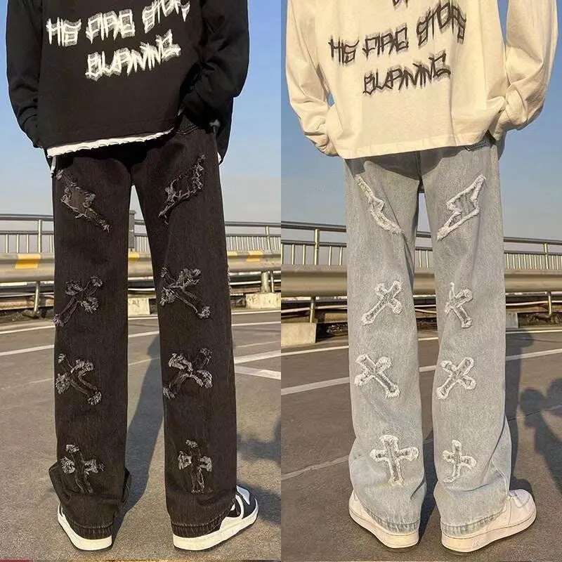 High Street American Patchwork Jeans Men's Fashion Brand Hip Hop Trousers Frayed Design Zipper Long Pants for Young Men